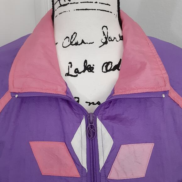 Vintage 1980s Purple Diamond Windbreaker Jacket Full Zip Oversized Track Suit - Picture 3 of 11